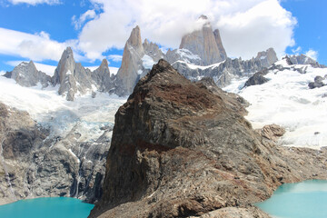 Scenic view of the Lagoon of the Three in front of the snow covered Fitz Roy mountain in El Chelten