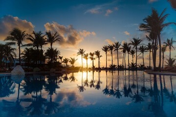 Scenic view of a pool with reflections of palm trees during a late sunset in the sky