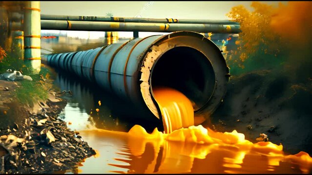 Sewage discharge from a pipe into a river. Dumping of industrial waste into a clean river. Climate change.