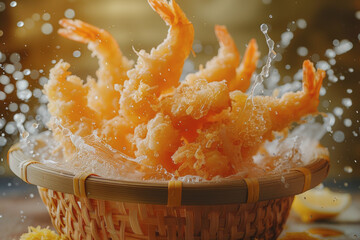 Delicious crispy tempura shrimp with oil splashes on a basket plate with a blurred background.