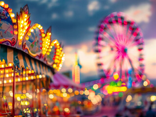 A lively carnival at dusk, Ferris wheel lights against the twilight sky, happy faces of families enjoying rides and games. Resplendent. 