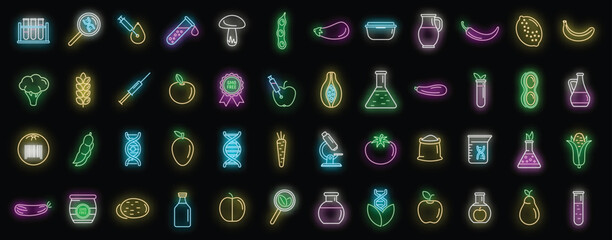 Gmo food icons set outline vector. Antibiotic corn. Gmo industry food neon color on black - obrazy, fototapety, plakaty