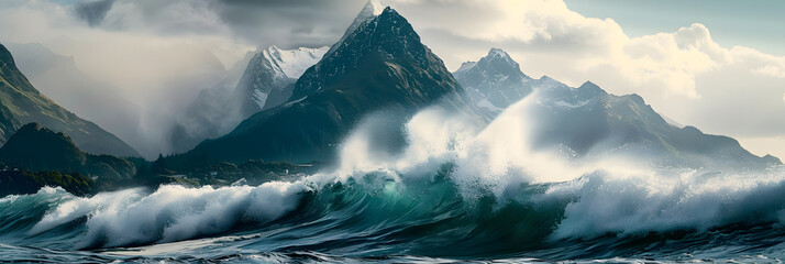 Waves crashing with a mountain in the background - obrazy, fototapety, plakaty