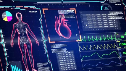Animated heart x-ray with medical information displayed on a holographic HUD screen. Concepts of health science, medicine and technology, Video size 4K 16:9 - Powered by Adobe