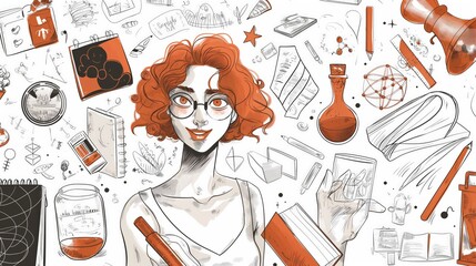 Sketch-style illustration of a woman with educational objects floating around. - obrazy, fototapety, plakaty