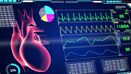 Animated heart x-ray with medical information displayed on a holographic HUD screen. Concepts of health science, medicine and technology, Video size 4K 16:9 - Powered by Adobe