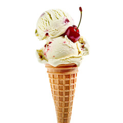 Front view of a delicious looking single cherry pistachio ice cream scoop on a cone levitating in the air isolated on a white transparent background