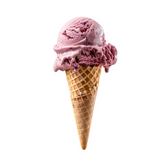 Front view of a delicious looking single chocolate raspberry truffle ice cream scoop on a cone levitating in the air isolated on a white transparent background