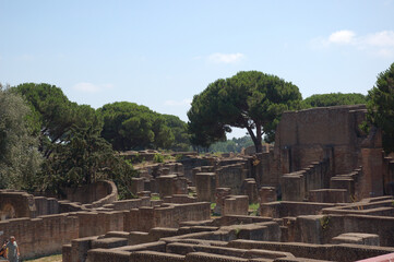 Ancient historical ruins of the Ostia Antica archaeological site in Italy