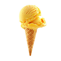 Front view of a delicious looking single mango sorbet ice cream scoop on a cone levitating in the air isolated on a white transparent background