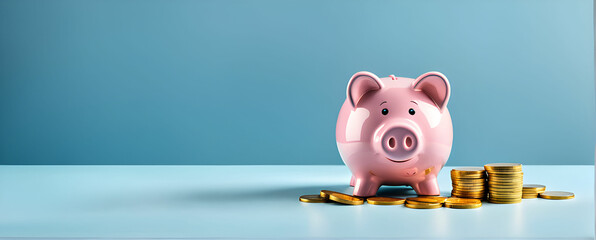 Sad and worried pink pig piggy bank next to a few gold coins, isolated on blue background. Investment failure, bankruptcy concept - Generative AI
 - obrazy, fototapety, plakaty