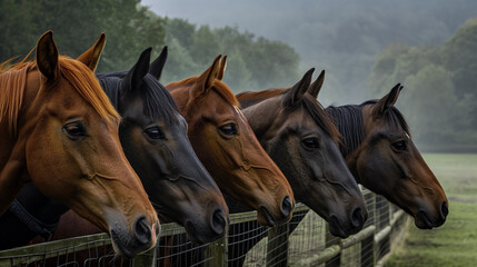 Cavalos enfileirados atrás de uma cerca no campo 