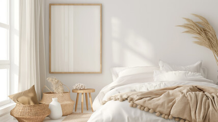 A simple bedroom in white tones that receives soft sunlight. Decorated with woven patterns and dried plants.