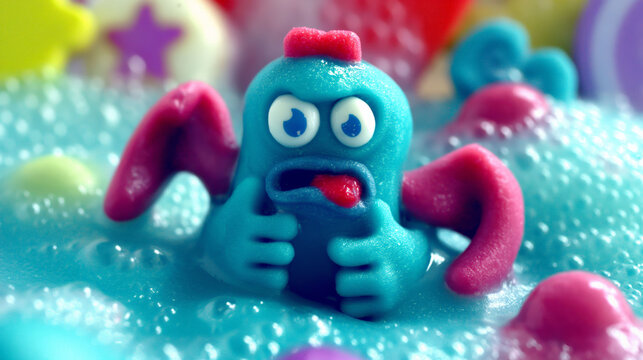Colorful clay monster toy on glittery background, creative and fun for children.