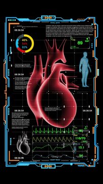 X-ray image displayed Heart and Medical Data Display on computer monitor with digital interface, Concepts of health science, medicine and technology, Vertical video size 4K 9:16