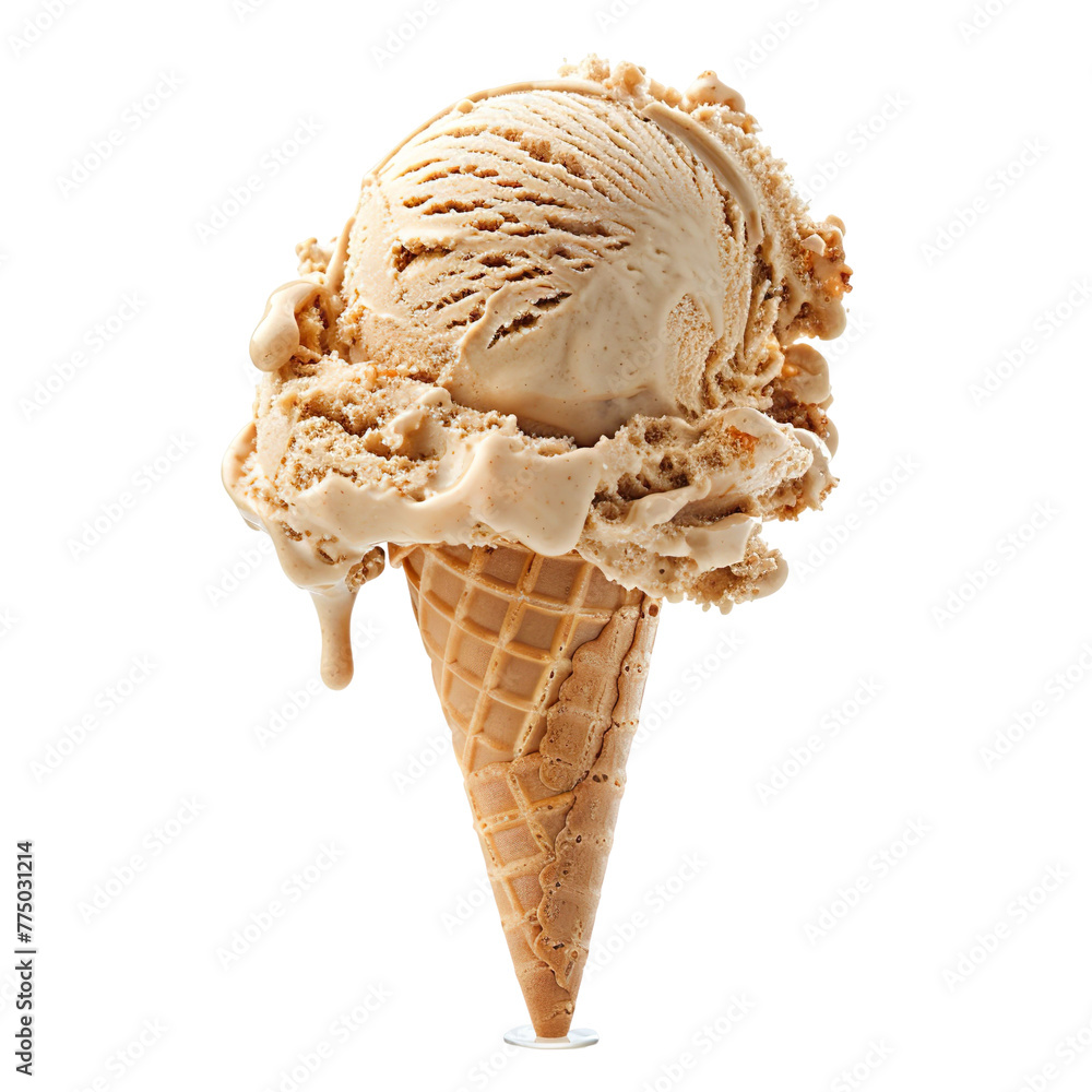 Wall mural front view of a delicious looking single peanut butter caramel swirl ice cream scoop on a cone levit