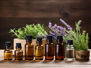 An assortment of essential oil bottles with fresh plants from which they're derived, like lavender, peppermint, and rosemary, arranged on a wooden surface 