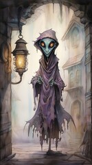 Mischievous wraith, whimsical shadows, fantasy marketplace, twilight mischief, unseen giggles