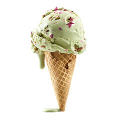 Front view of a delicious looking single pistachio cherry blossom ice cream scoop on a cone levitating in the air isolated on a white transparent background