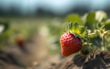 A ripe strawberry is dangling from the tree against a blurred garden background. Selective focus.