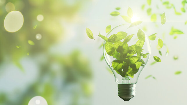 Lampada com folhas verdes dentro em um fundo verde, conceito ideia sustentável 