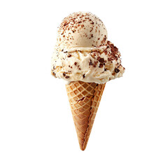 Front view of a delicious looking single tiramisu ice cream scoop on a cone levitating in the air isolated on a white transparent background