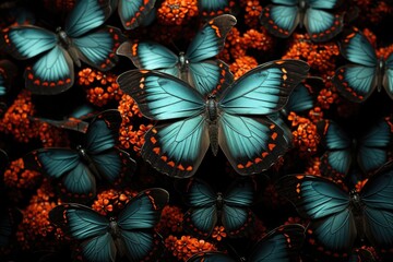 Multicolored butterflies on a dark summer background.