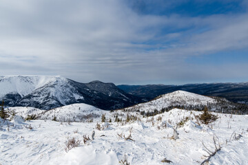 Fototapeta na wymiar Winter landscape, mountain valley, forest and mountains covered with snow in blue cloudy sky