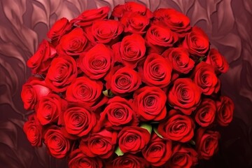 A heart-shaped arrangement of deep red roses on a satin background, symbolizing love and romantic gestures. Bunch of Red Roses in Heart Shape on Satin