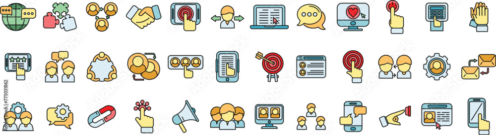 Poster interaction icons set outline vector. test process. ux user thin line color flat on white
