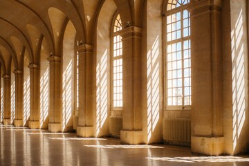 Hall of The Abbey of St Vaast with the Sun peeking through beautiful windows - obrazy, fototapety, plakaty