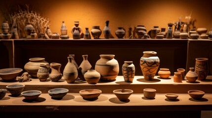 Various Ceramic Dishes, Vases, Jugs, Plates, bowls on the shelves of the prehistoric culture store. Exhibition, Museum Attraction.