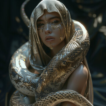 Gorgon, a mythical creature. image of the beautiful Gorgon Medusa. female snake hybrid with menacing scary venomous snakes beautiful snake girl. Golden snake