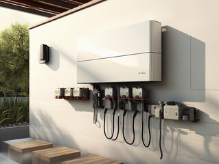 battery packs alternative electric energy storage system at home garage wall as backup or sustainable energy concepts 