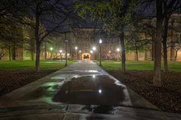 Night view of illuminated walkway on the Texas Tech University campus in Lubbock, Texas, USA