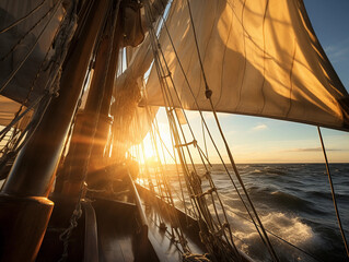 Backlit sails of a traditional tall ship on the atlantic 