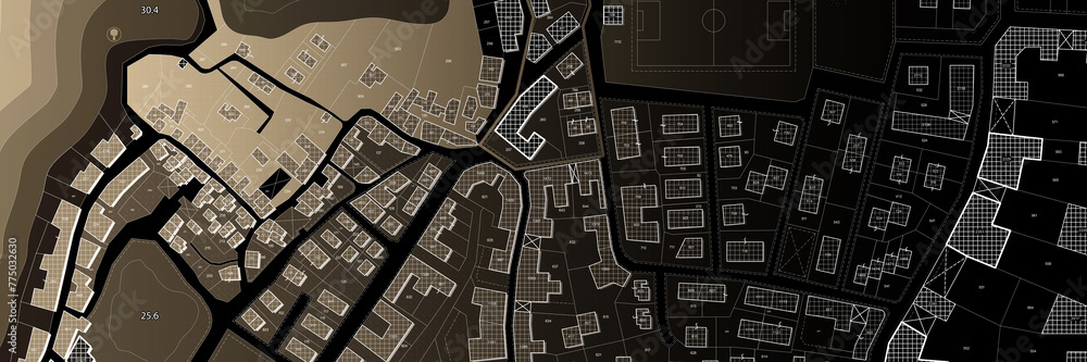 Poster imaginary cadastral map with buildings, land parcel and vacant plot - land records and property regi