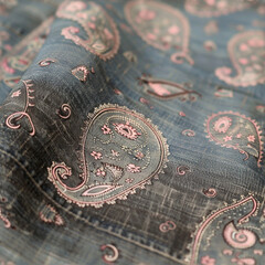 Traditional Paisley Pattern on Denim Fabric
