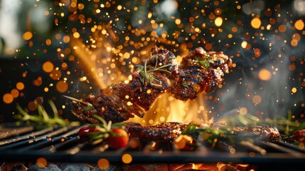Grilled skewers with fiery sparks. - obrazy, fototapety, plakaty