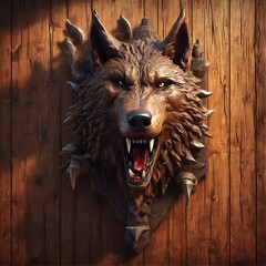 3D model of a stuffed wolf head hanging on a wooden wall