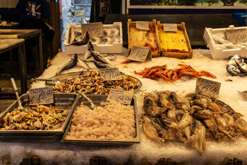 Fish and seafood shop in Ballaro Market, Palermo, Sicily, Italy