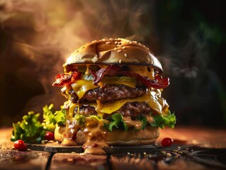 Mouthwatering cheeseburger with crisp bacon and melted cheese