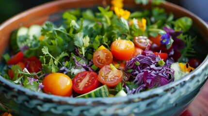 Vibrant mixed garden salad with edible flowers and greens