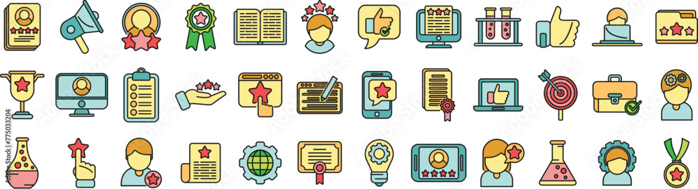 Poster experience icons set outline vector. client satisfaction. customer shake thin line color flat on whi