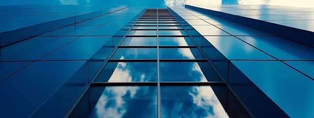 Modern skyscraper with reflective glass facade and clouds reflection.