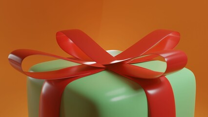 3D illustration of a green present box with a red bow isolated on an empty orange background