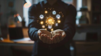 A businessman holding a glowing light bulb and innovation badges in his hands, with the concept of a new idea on the background of the office - obrazy, fototapety, plakaty