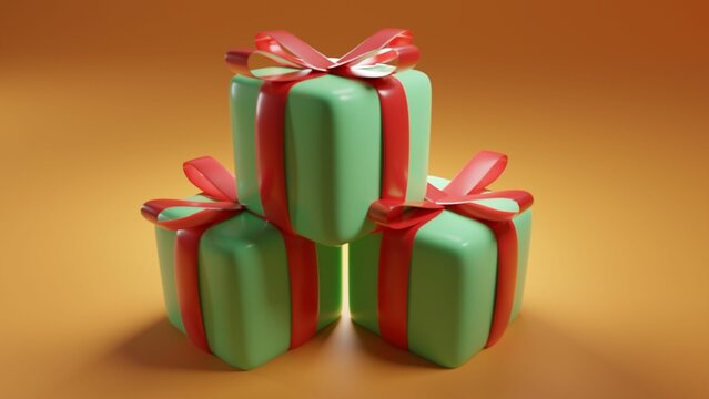 3D rendering of three green gift boxes with red bows on a brown background