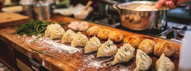 Dumplings arranged in a row on a kitchen counter, in a cooking setting.