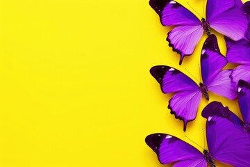 Purple and yellow butterflies summer background with copy space for text.